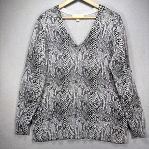 Michael Kors Snakeskin Print V-Neck Lightweight Knit Sweater Womens L